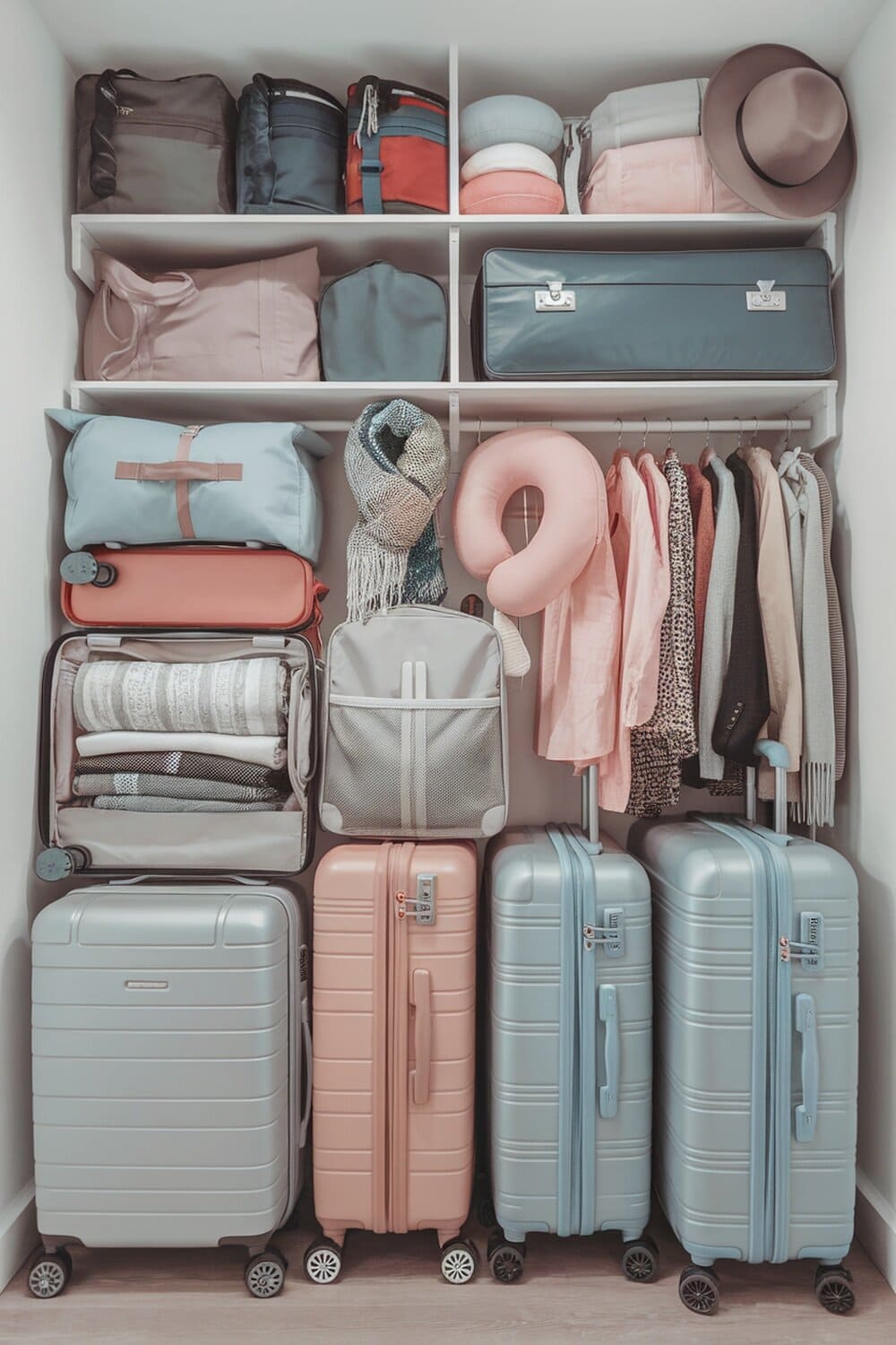 A neatly organized closet with travel gear including suitcases, bags, and clothing.