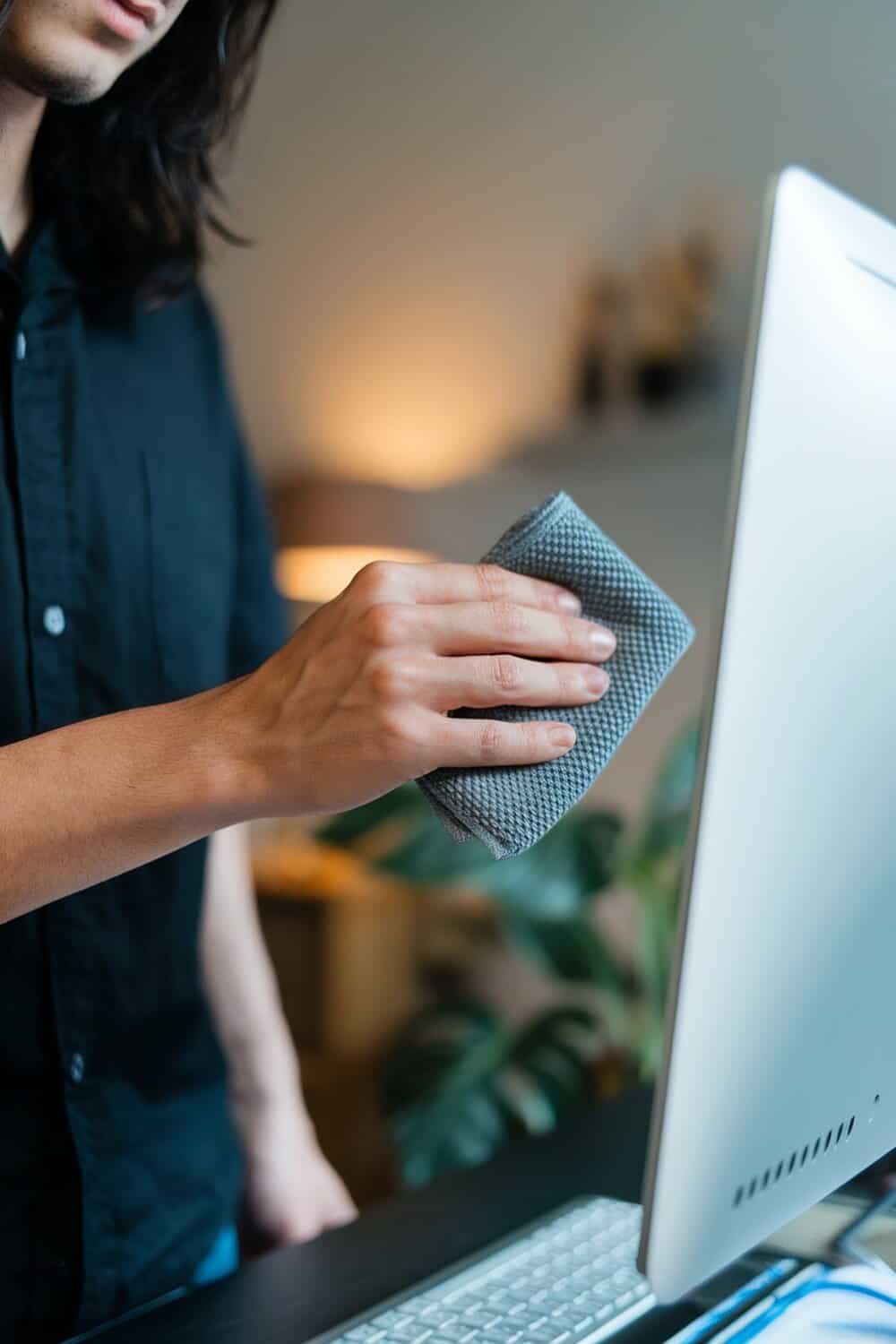 A person cleaning a computer screen with a microfiber cloth.