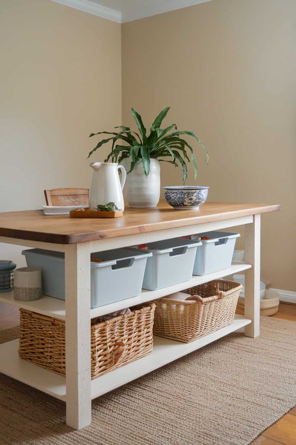 A kitchen table with storage baskets and bins underneath.