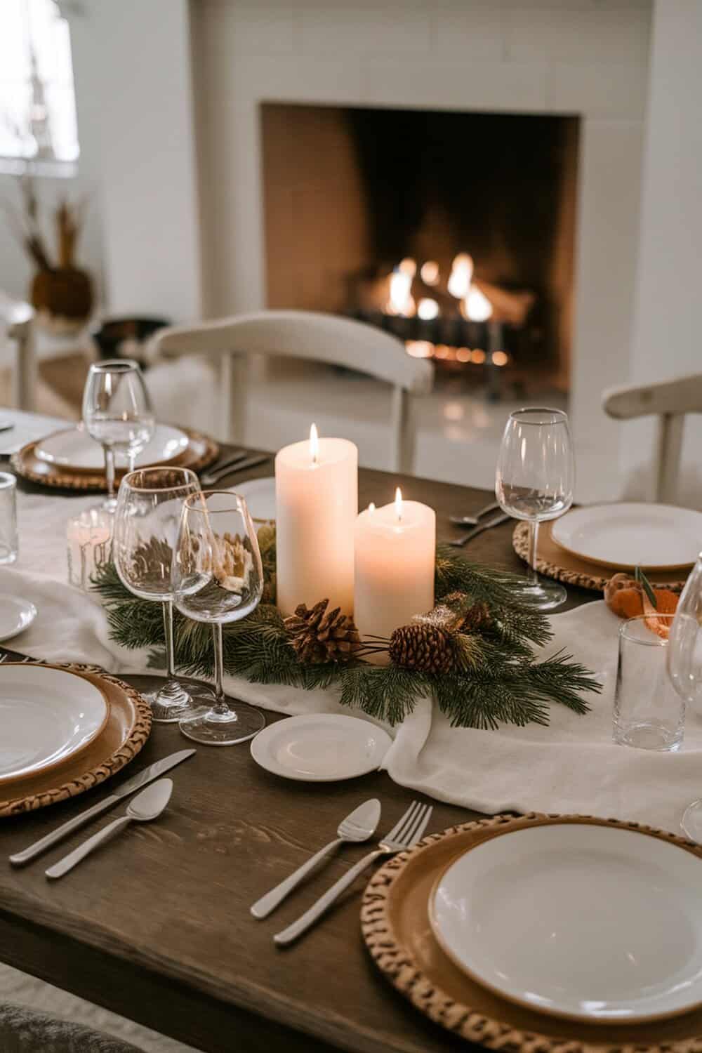 A winter-themed centerpiece featuring candles, pinecones, and greenery on a dining table.