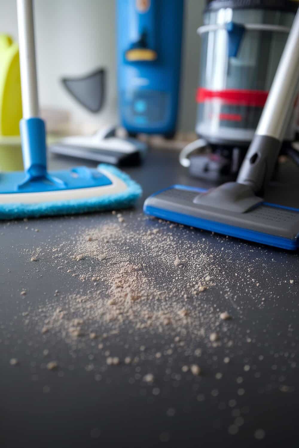 Close-up of dust on a surface with cleaning tools in the background.