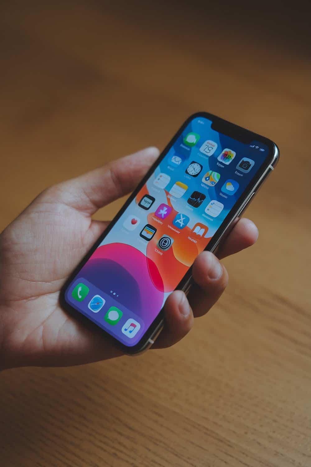 A person holding a smartphone displaying various apps on the screen.