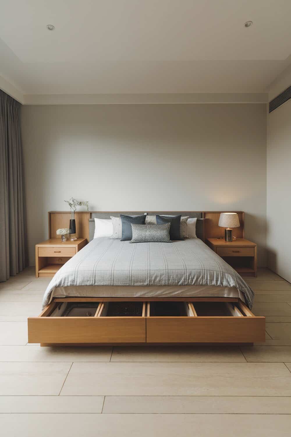 A modern bedroom featuring a storage bed with drawers underneath.