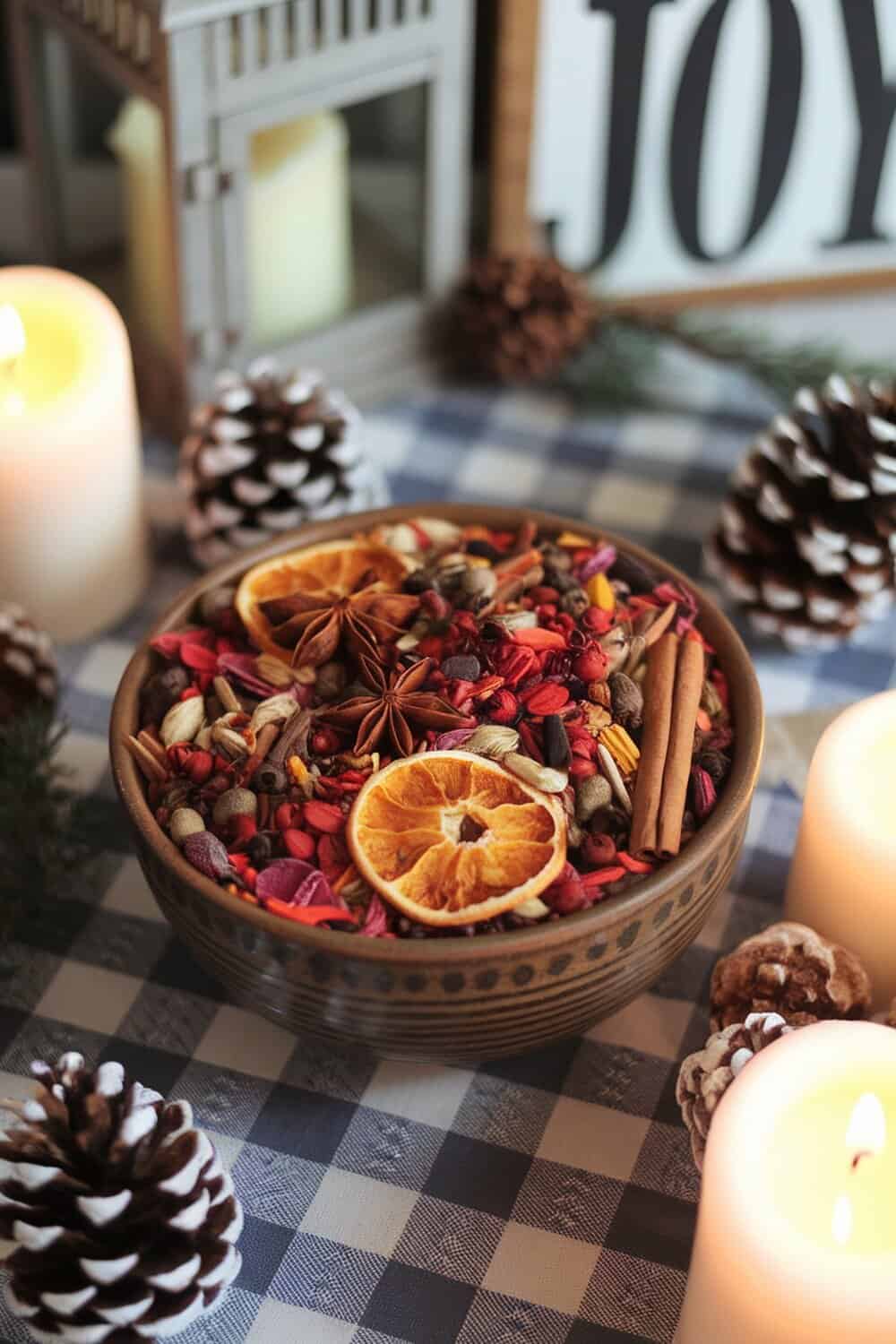 A bowl of colorful potpourri with dried orange slices, spices, and pine cones.
