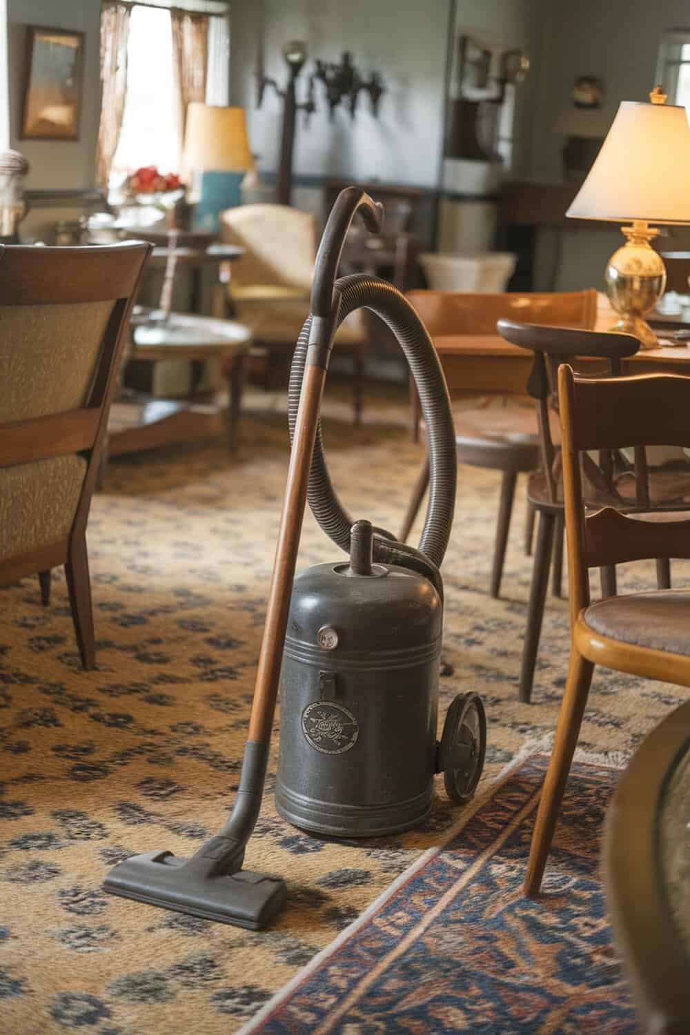 A vintage vacuum cleaner in a cozy living room setting.