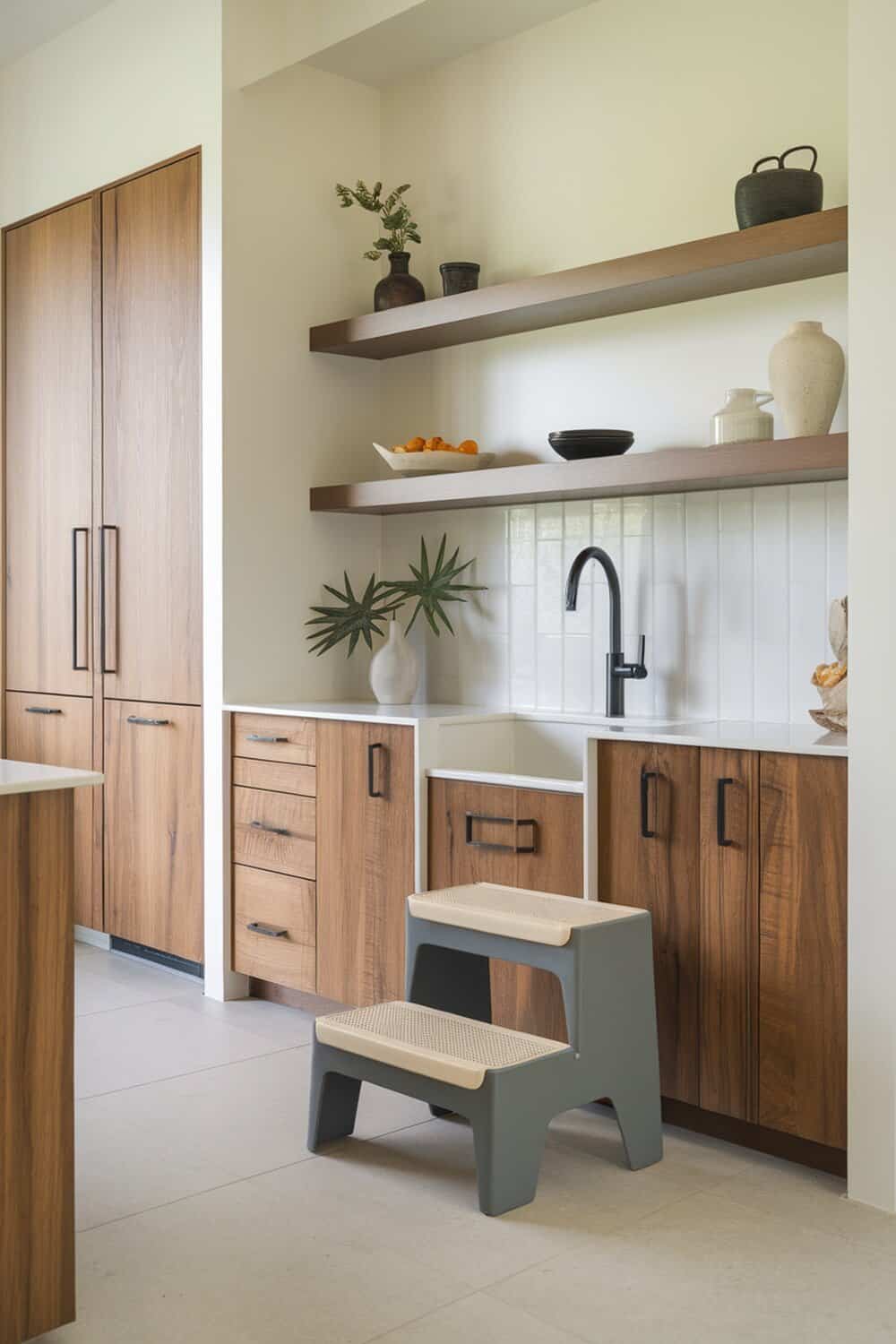 A modern kitchen featuring a step stool next to high storage shelves.