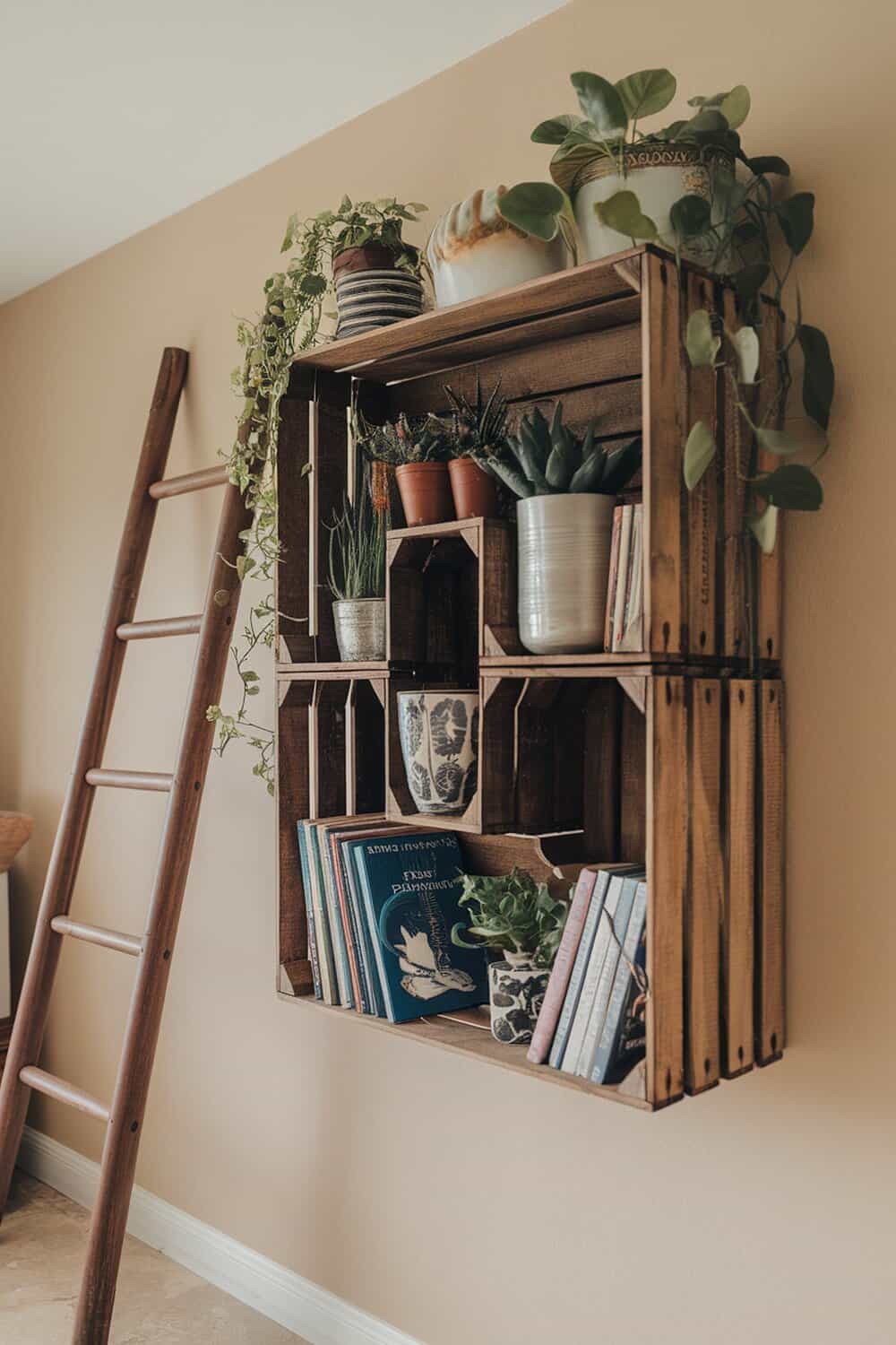 A unique wall shelf made from wooden crates displaying plants and books.