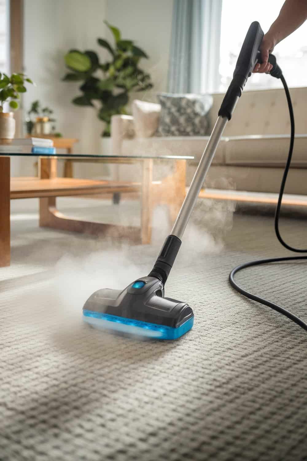 A person using a steam cleaner on a carpet in a living room.