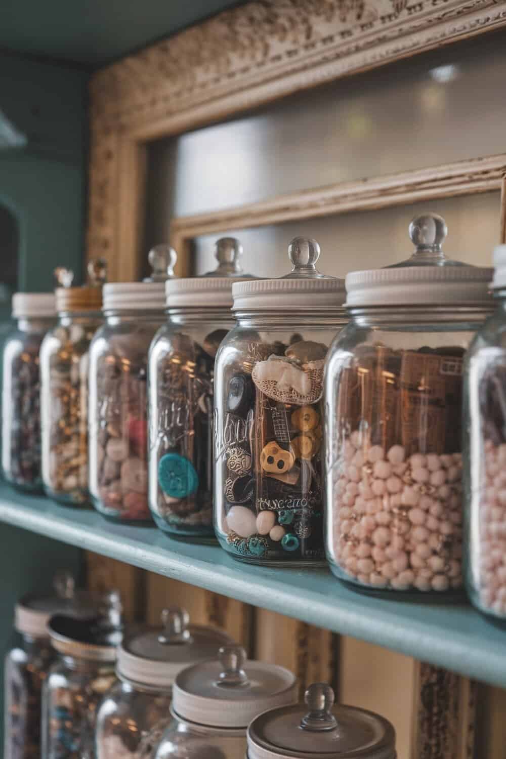 A collection of glass jars filled with small items like buttons and beads on a shelf.