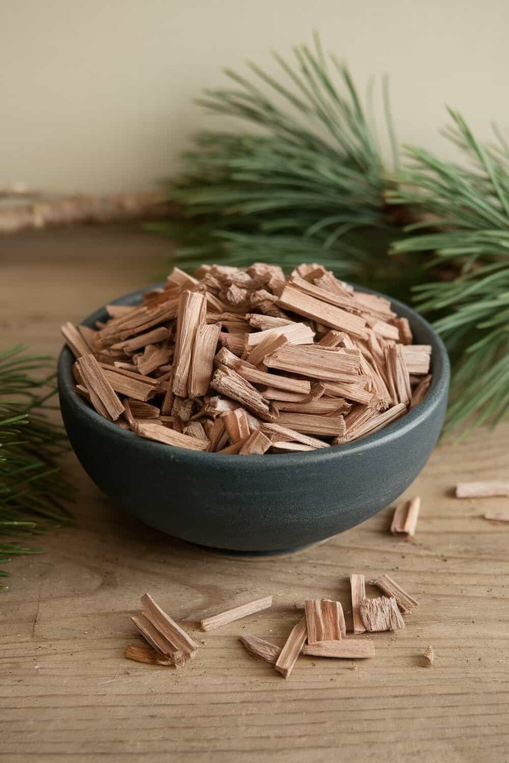 Bowl of cedarwood shavings surrounded by pine branches