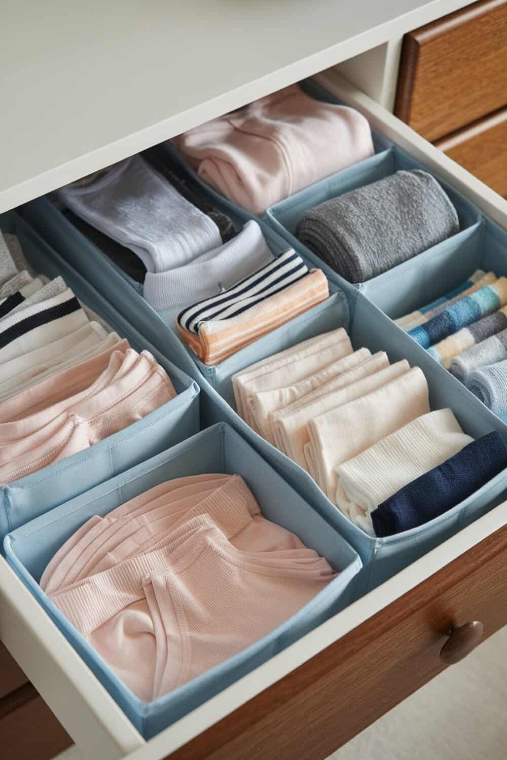 Organized fabric drawer with neatly folded underwear and socks in blue organizers.