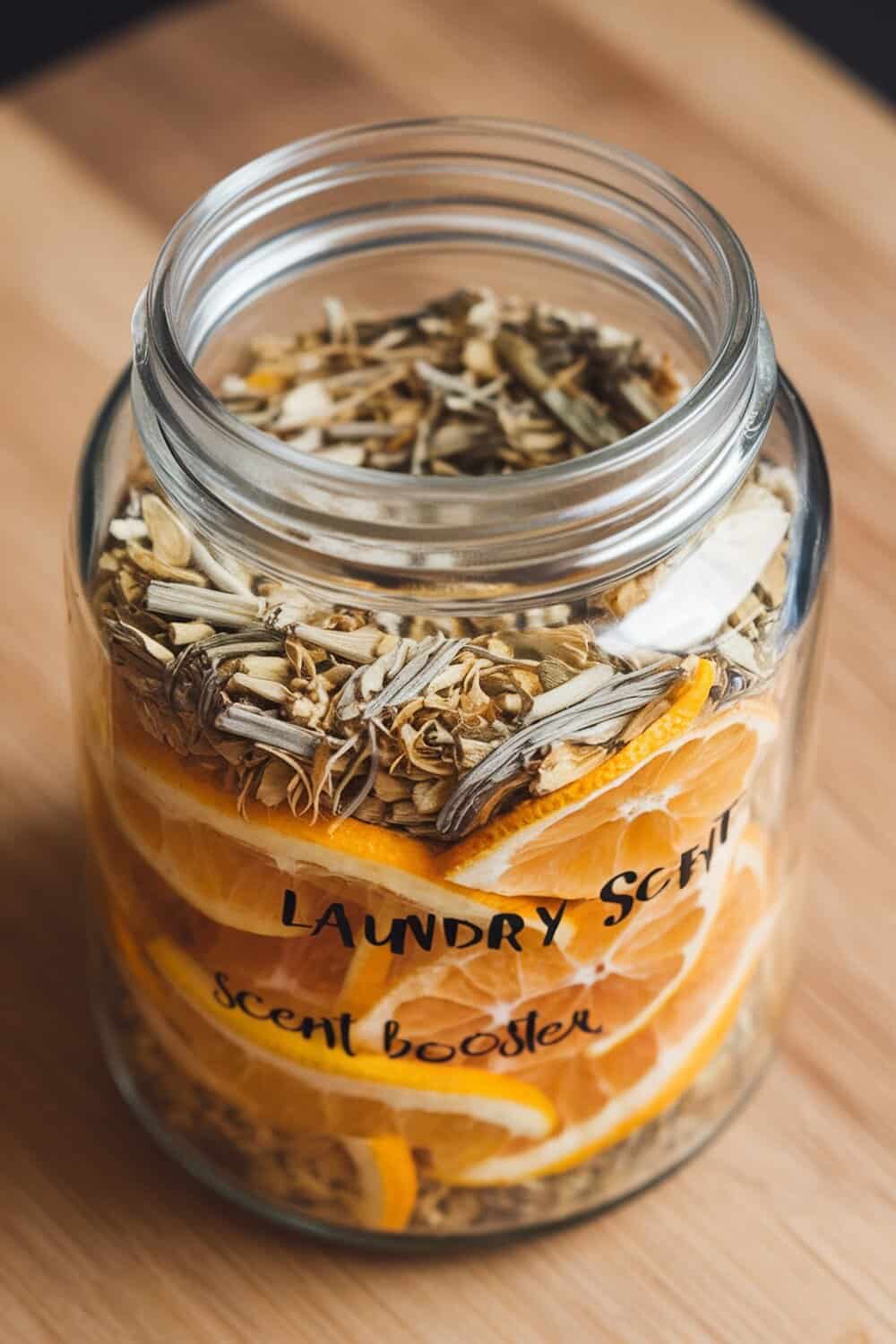 A jar filled with dried citrus slices and herbs labeled as laundry scent booster.