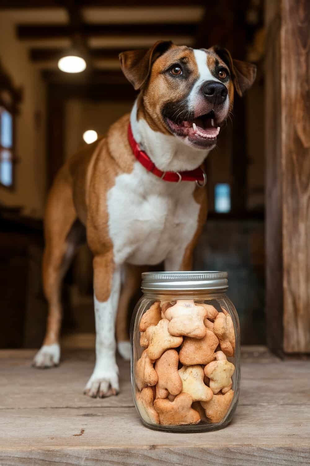 A happy dog standing next to a jar of homemade pet treats.