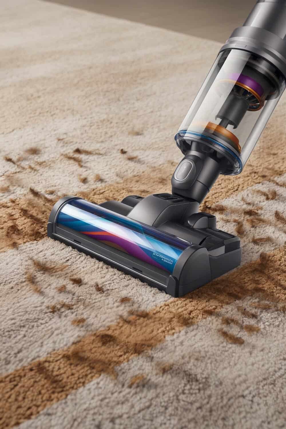 A vacuum cleaner cleaning a carpet with visible dirt.
