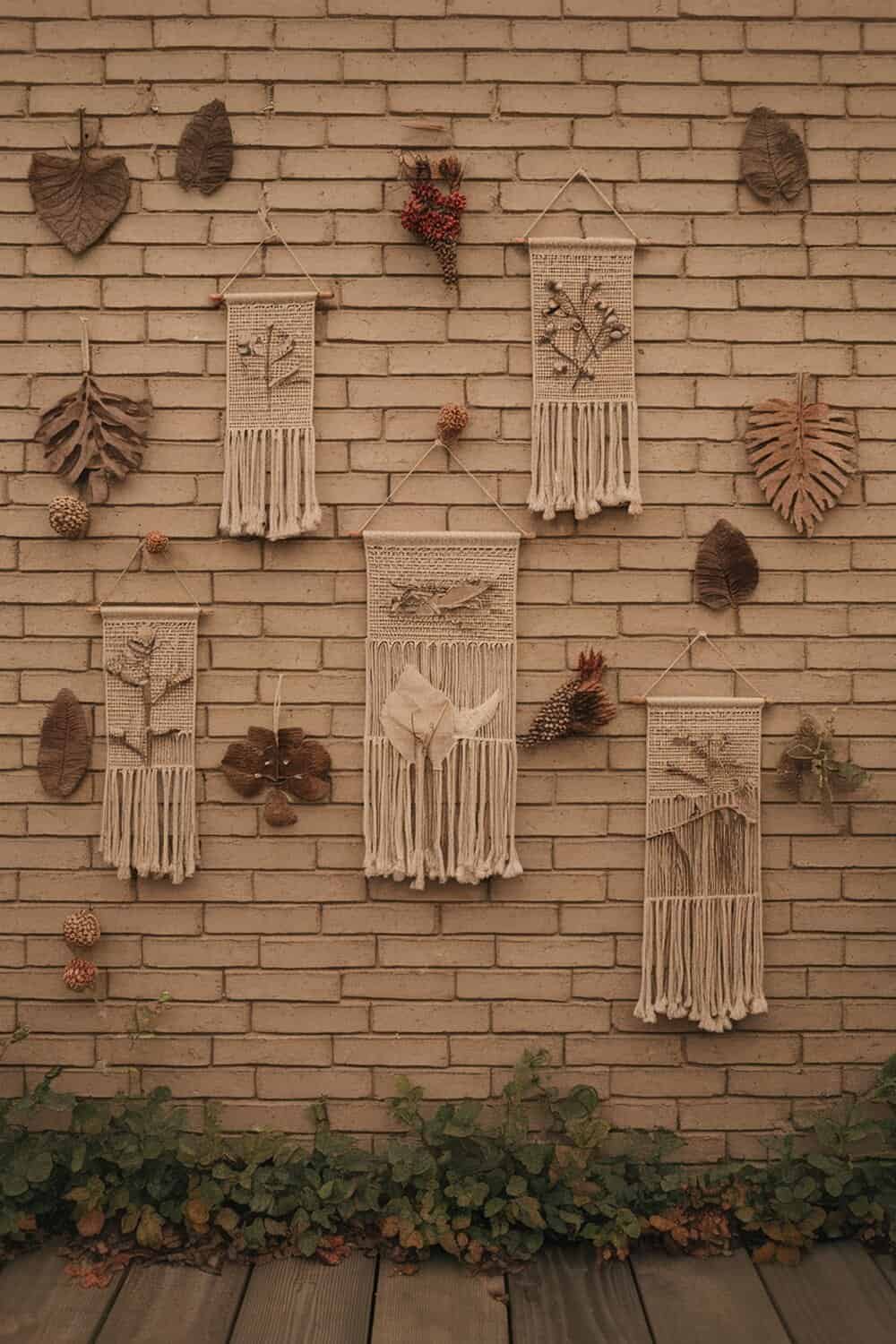 A collection of macrame wall hangings and dried leaves on a brick wall.