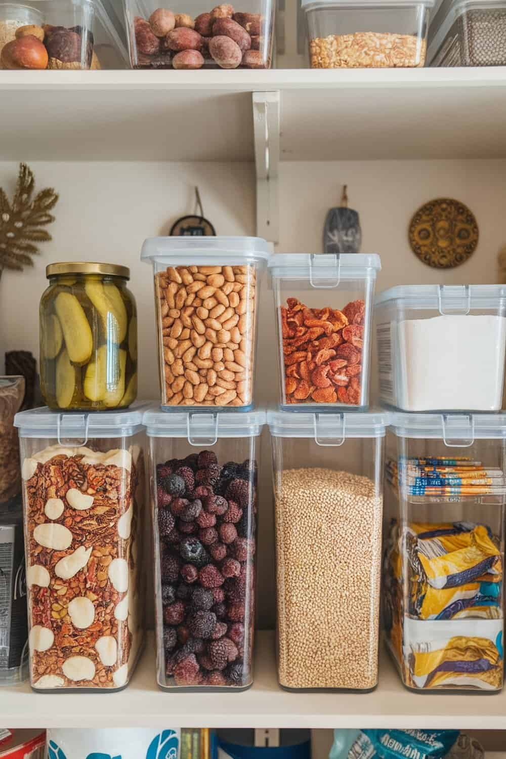Clear containers filled with various food items on a kitchen shelf.