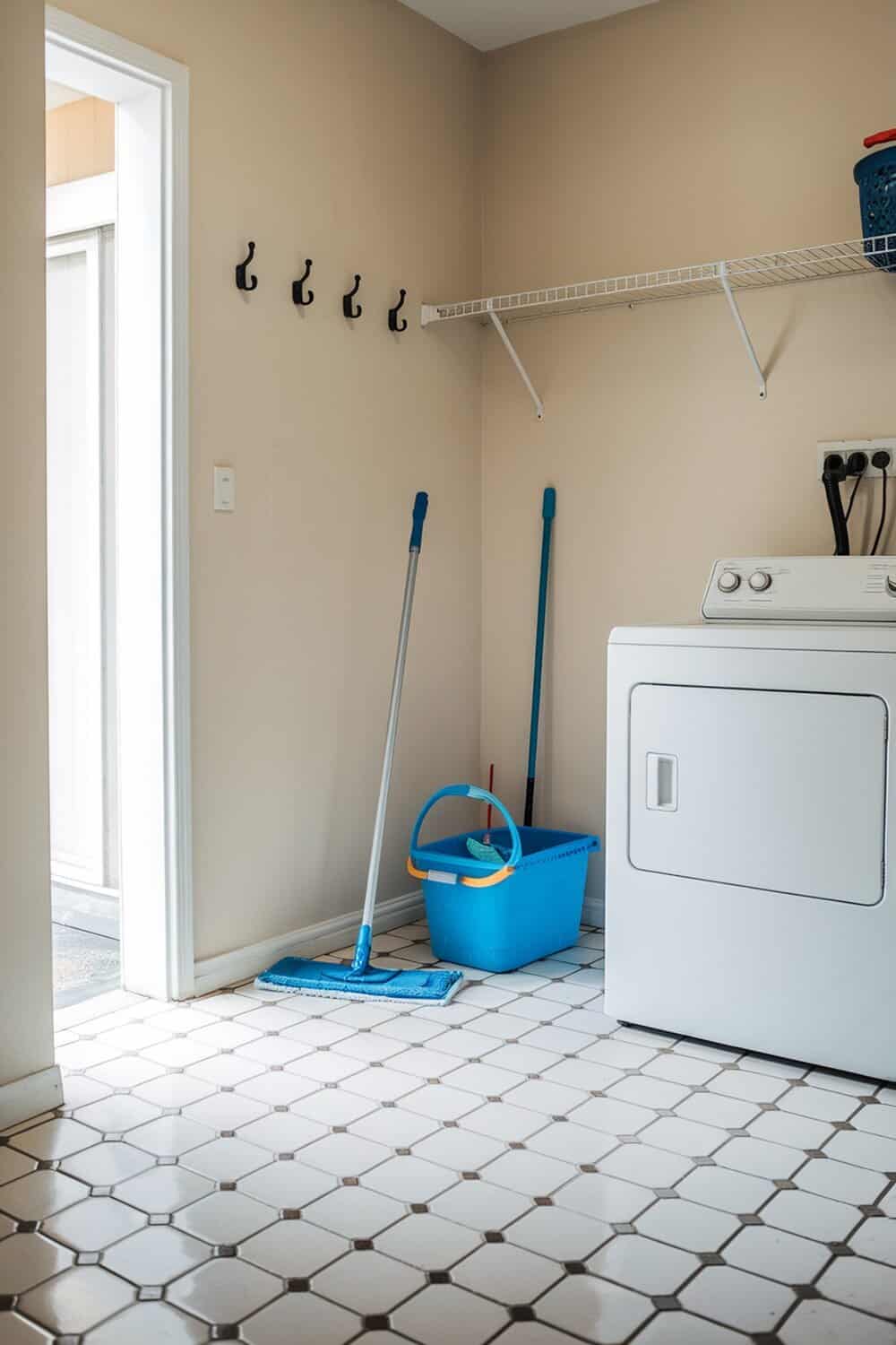 A mop and bucket in a laundry room with a washing machine.