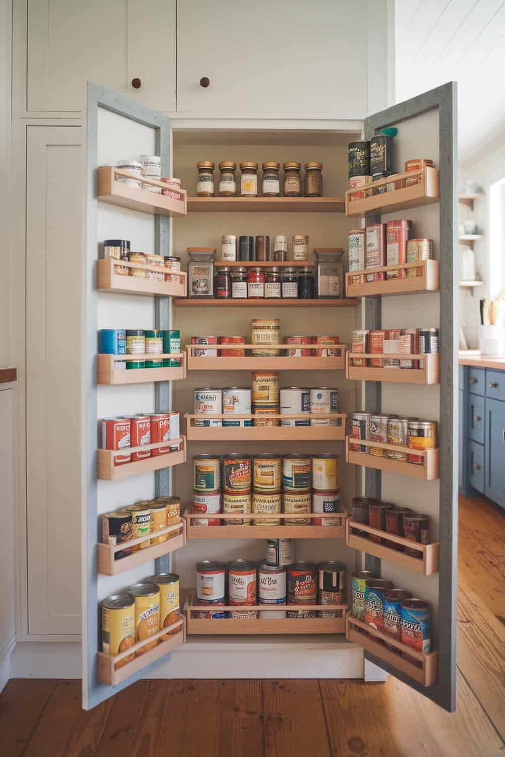 A well-organized pull-out pantry filled with various spices and canned goods.