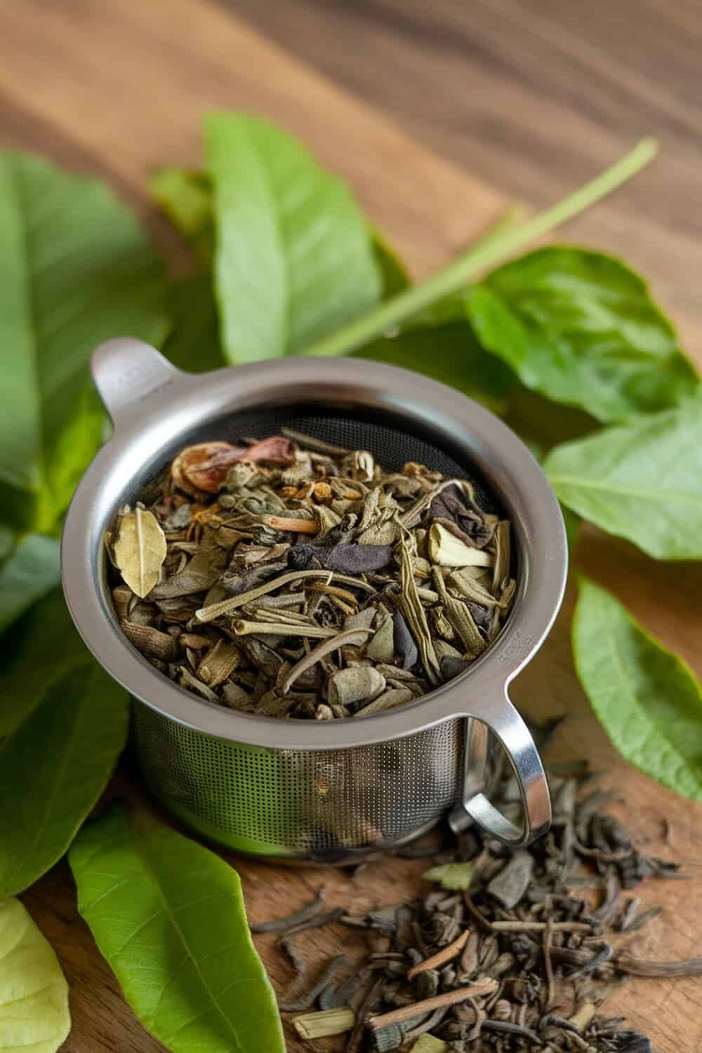 A metal tea strainer filled with dried herbs and green tea leaves, surrounded by fresh green leaves.