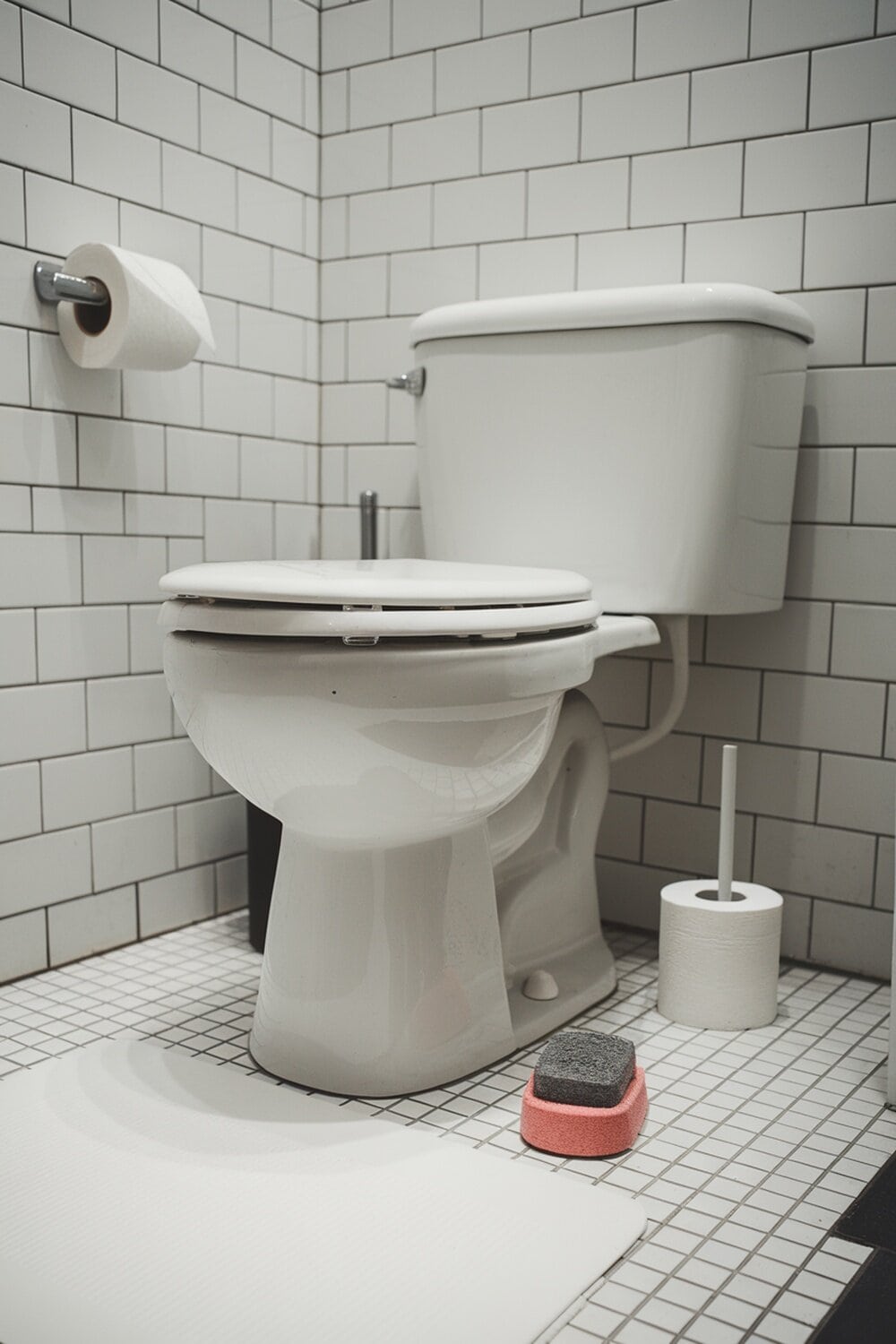 A clean bathroom with a pumice stone on the floor near a toilet.