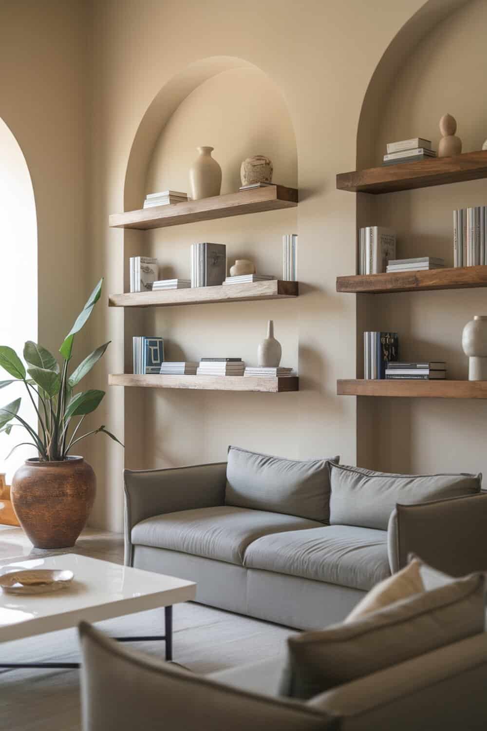 Stylish wall-mounted shelves displaying books and decorative items in a cozy living room.