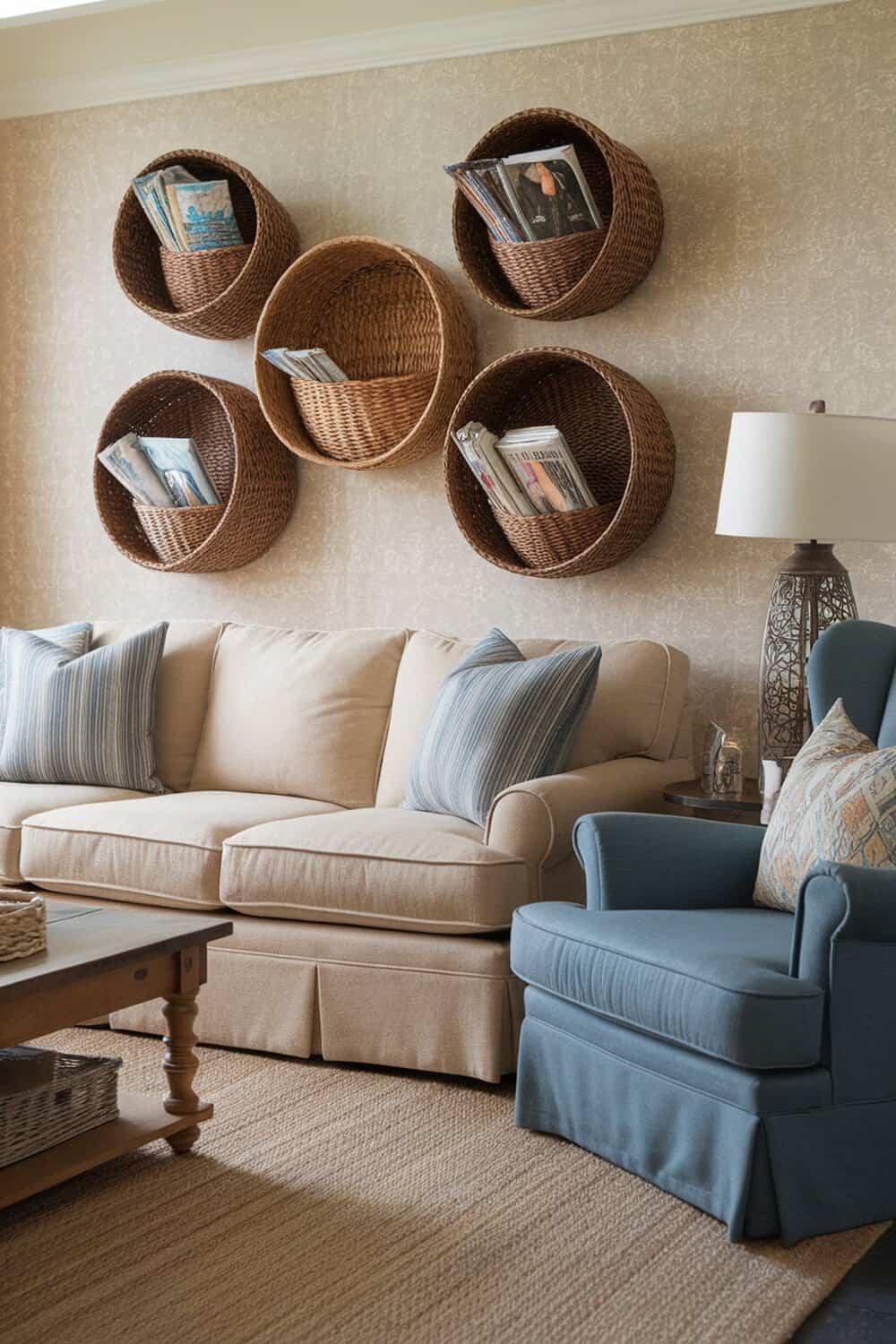 Stylish wall-mounted baskets holding magazines in a cozy living room setting.