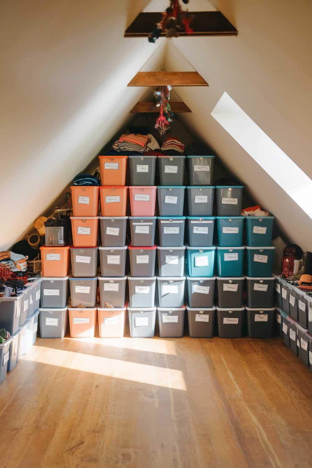 Organized storage bins in an attic space.