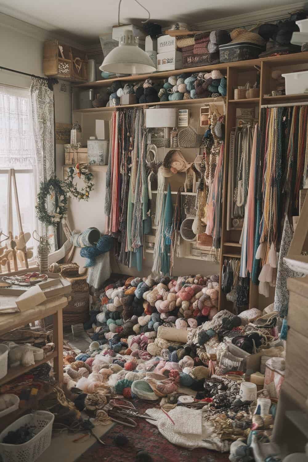 A cluttered craft room filled with various yarns and supplies.