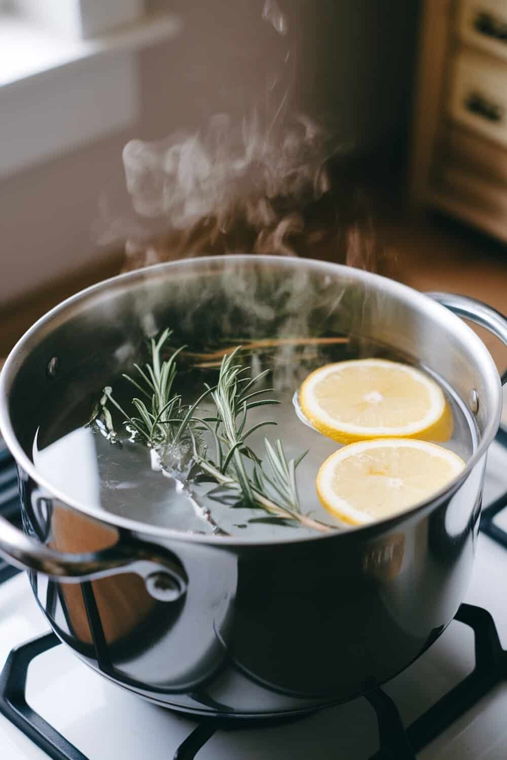 A pot of simmering water with rosemary and lemon slices on a stove.