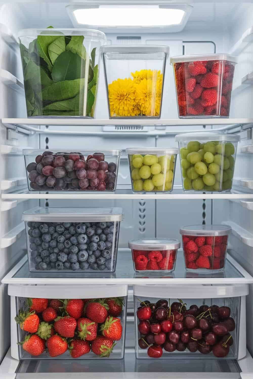 Organized refrigerator with fresh fruits and vegetables in clear containers.