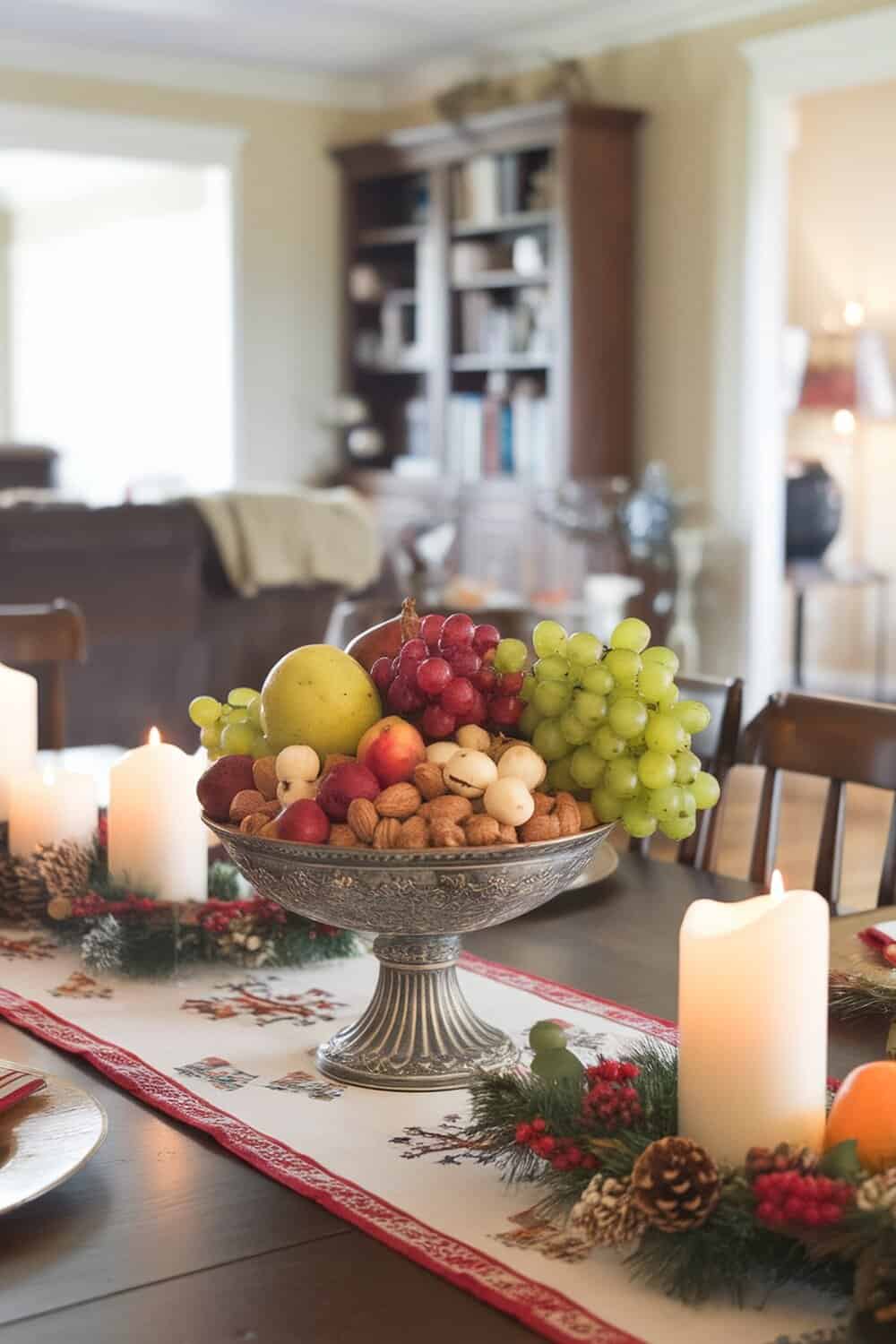 A decorative bowl filled with various fruits and nuts, surrounded by candles and holiday decor.