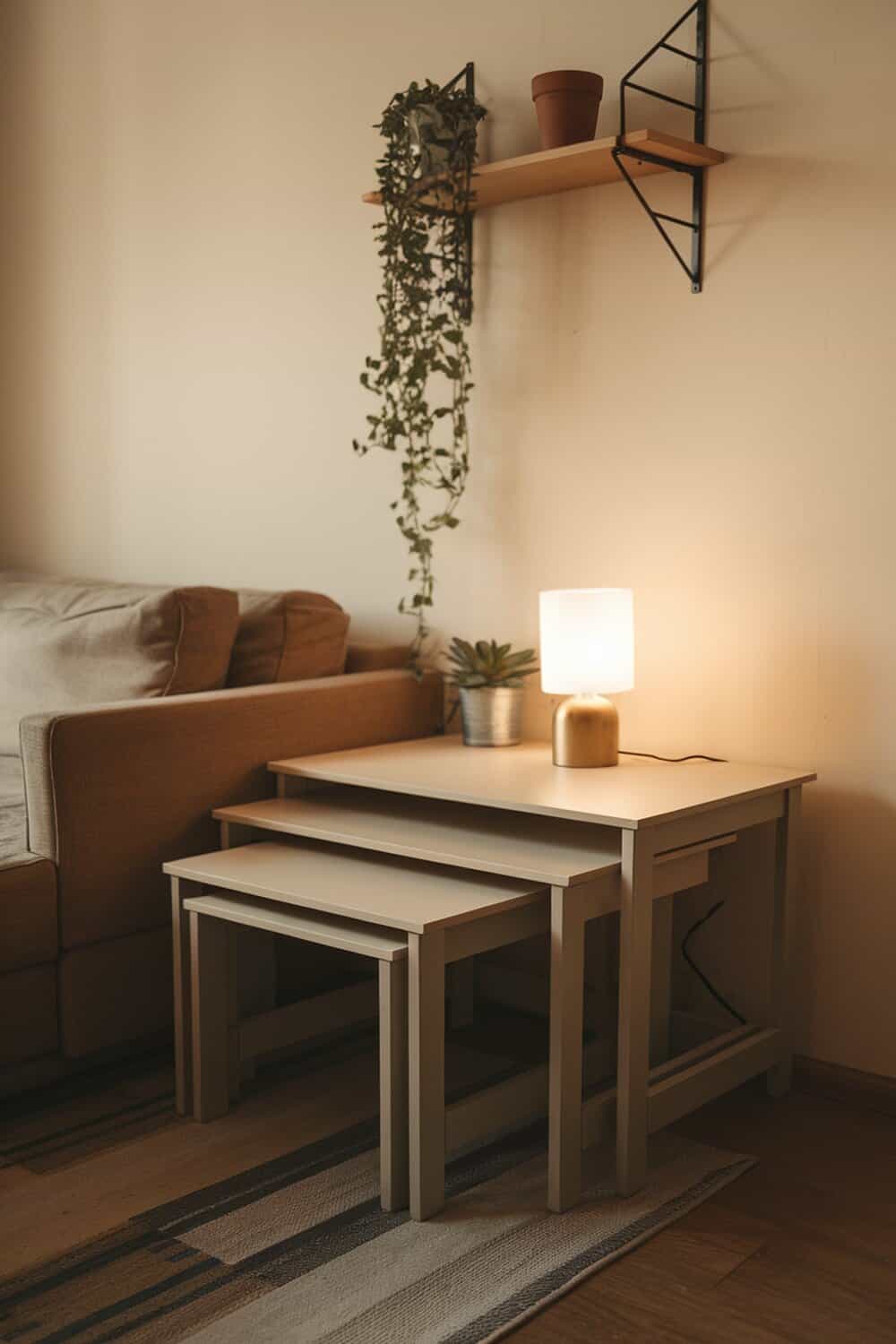 A cozy living room featuring nesting tables next to a couch, with a lamp and plants on display.