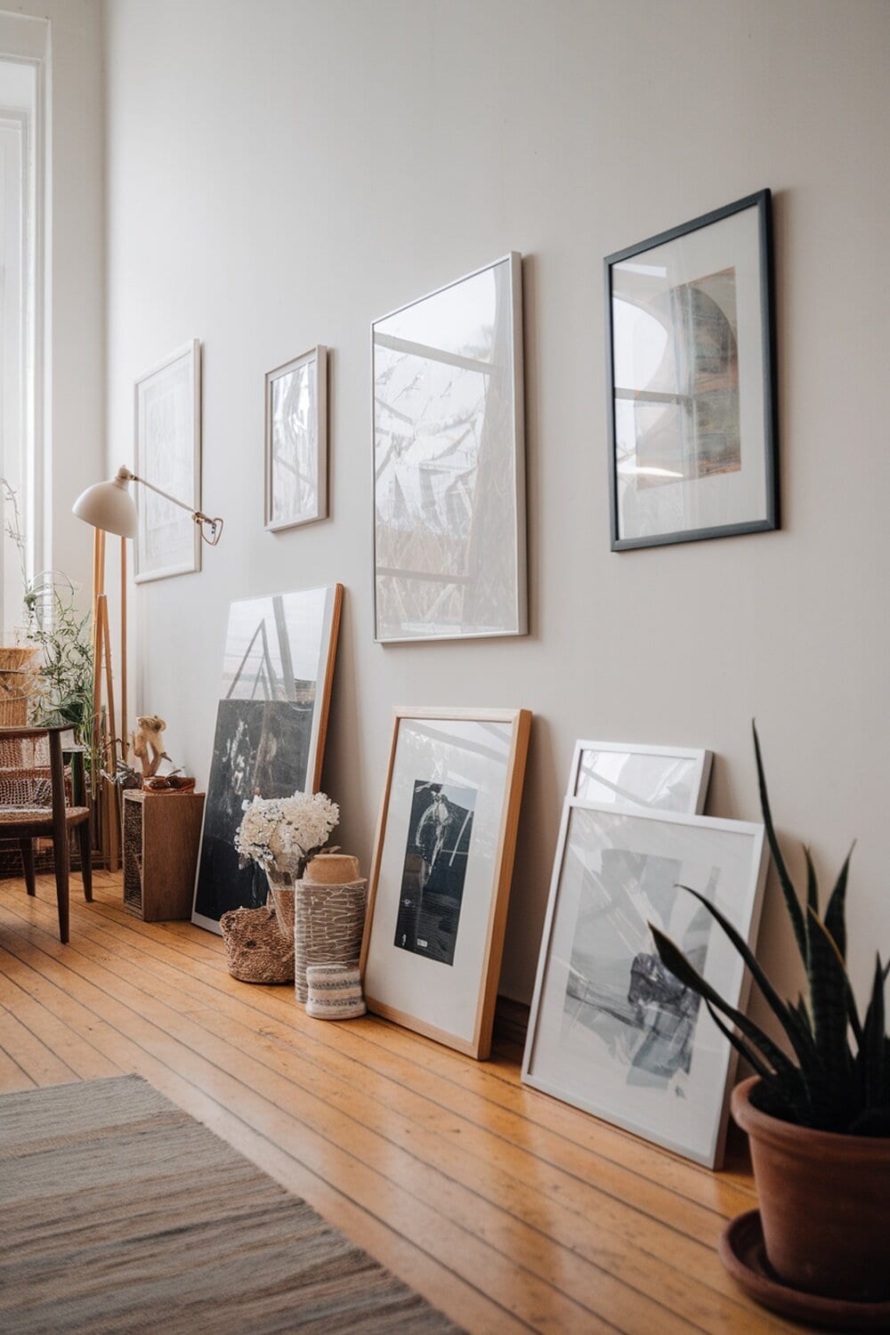 A cozy room with framed photos and art on the wall, a chair, and plants.