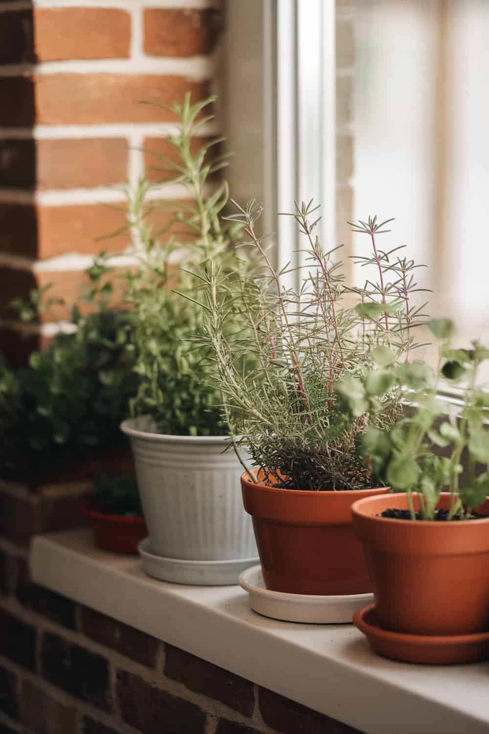 Mini herb garden on a windowsill with various herbs in pots.