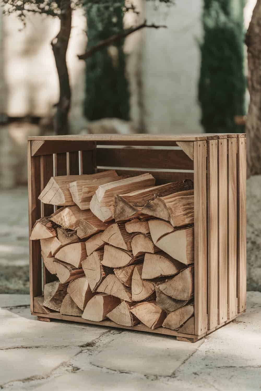 Wooden crate filled with firewood, placed outdoors.