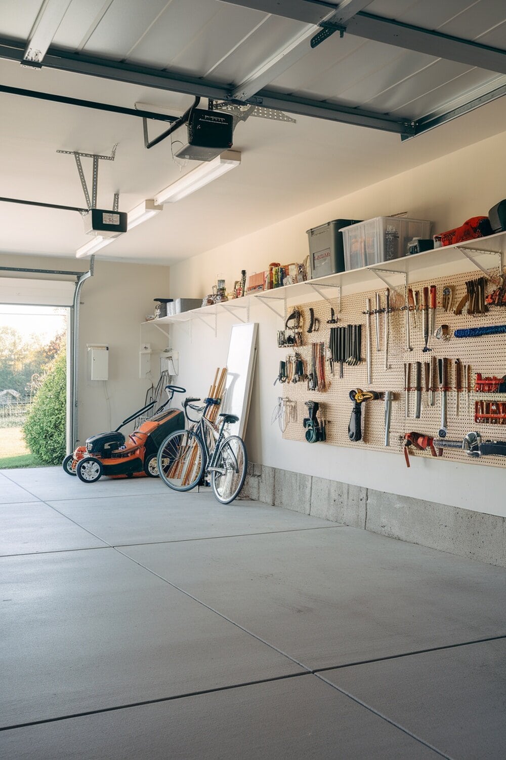A tidy garage with organized tools and equipment.