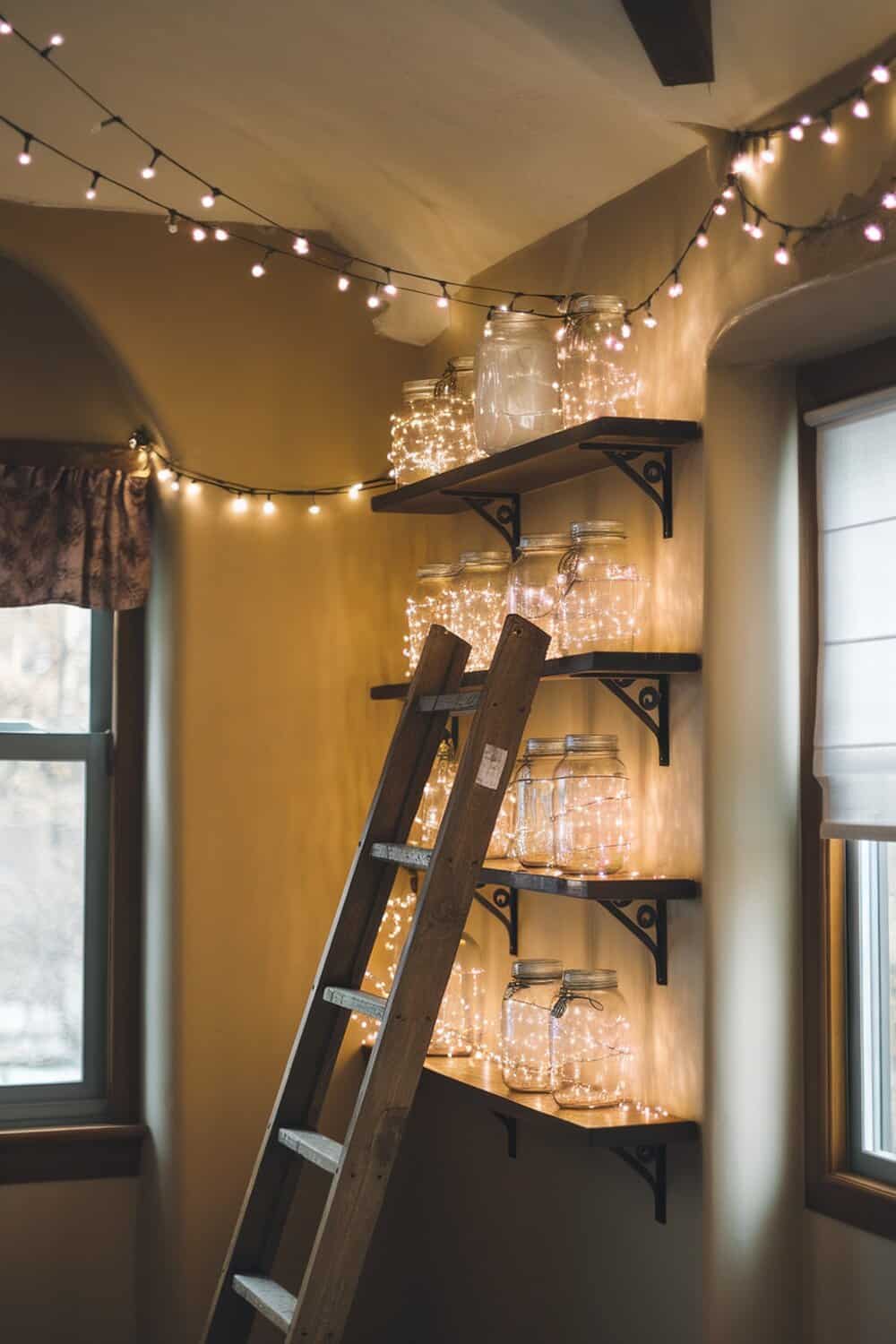 A cozy room with fairy light jars on shelves and string lights overhead.