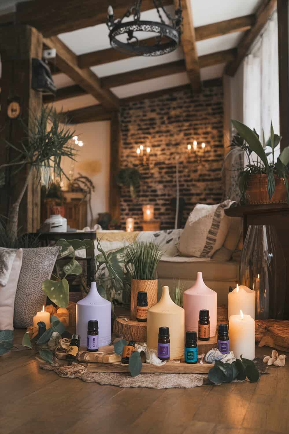 A cozy living room setup featuring various scent diffusers and candles.