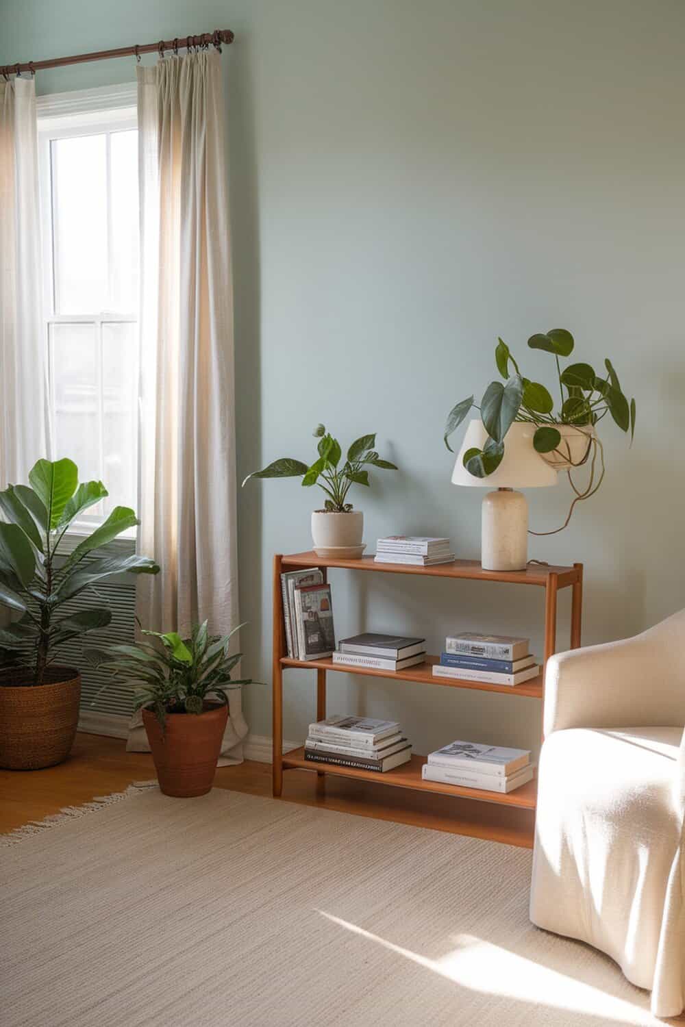 A cozy living room with plants and a neatly organized shelf.