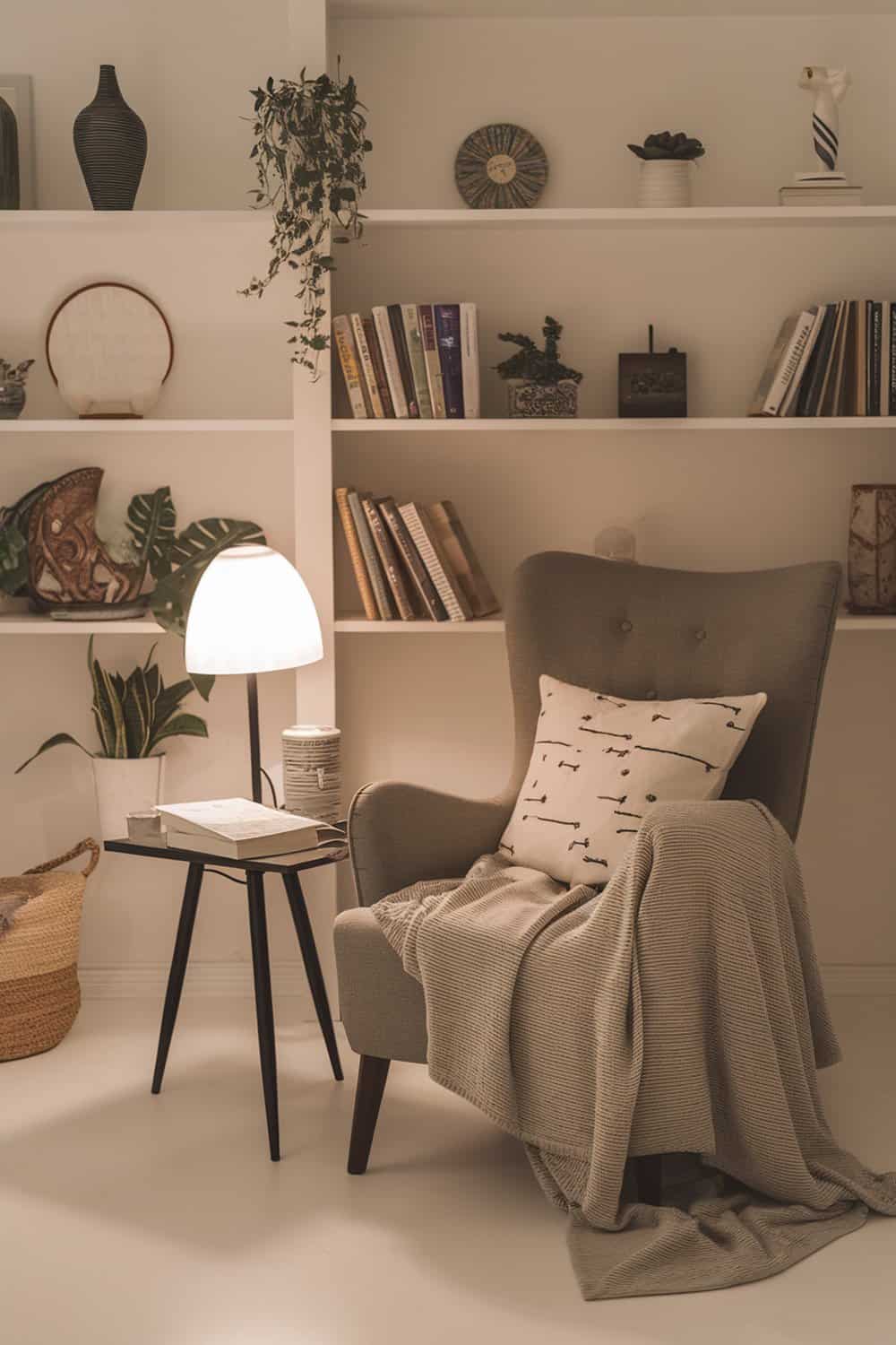 A cozy corner featuring a comfortable chair, a soft blanket, and a small table with books.