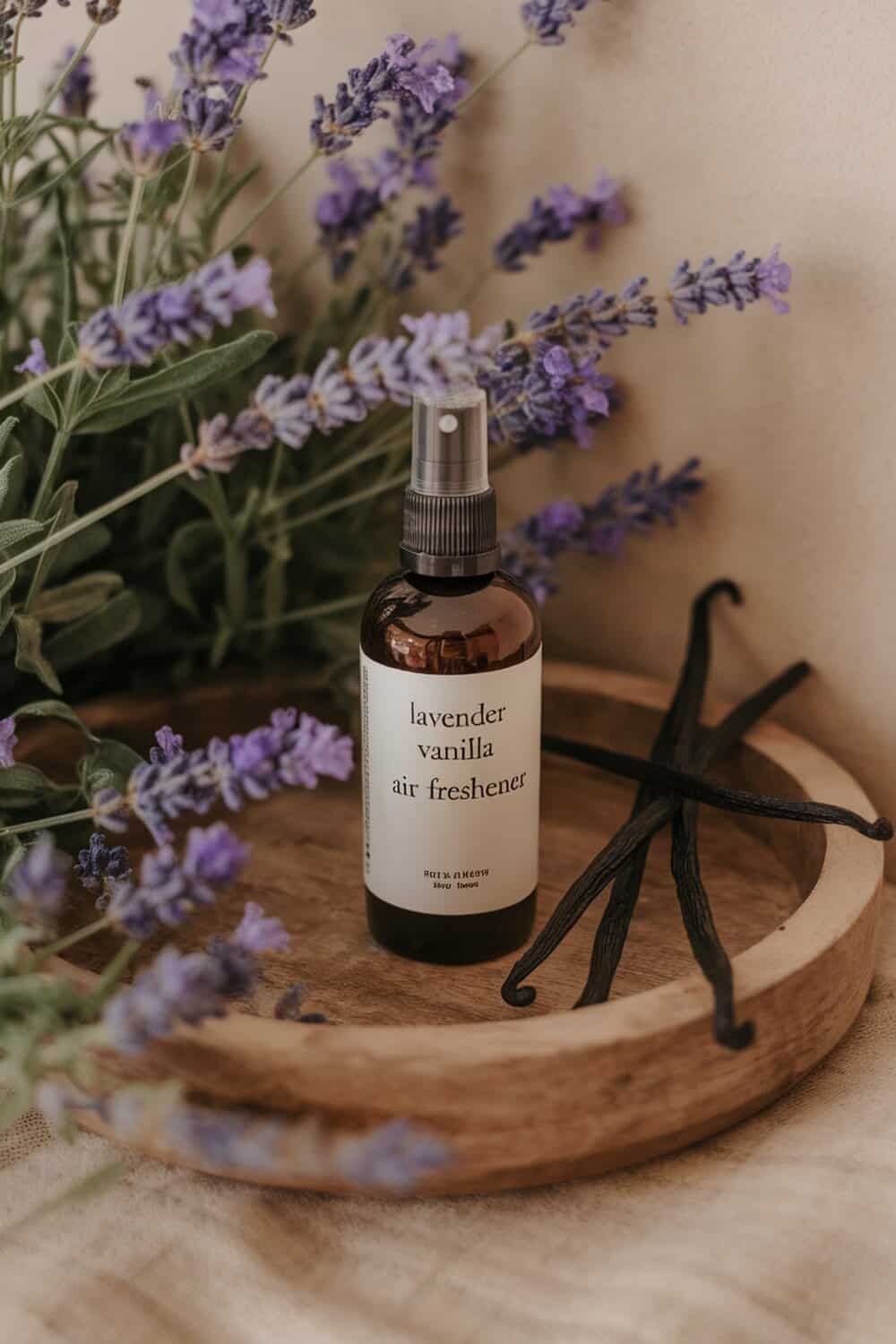 A bottle of lavender and vanilla air freshener surrounded by lavender flowers and vanilla pods.