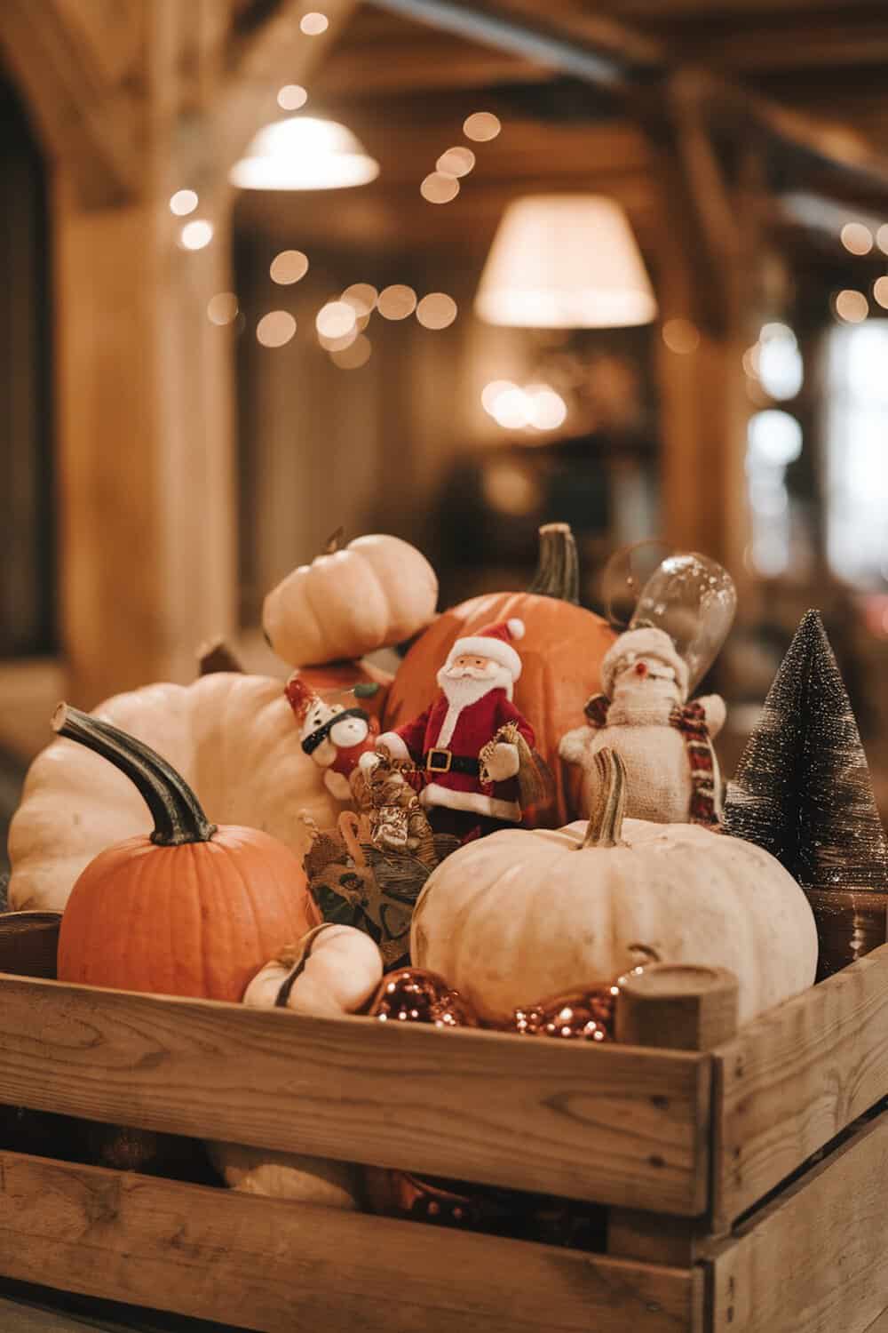 A wooden crate filled with pumpkins and holiday decorations.
