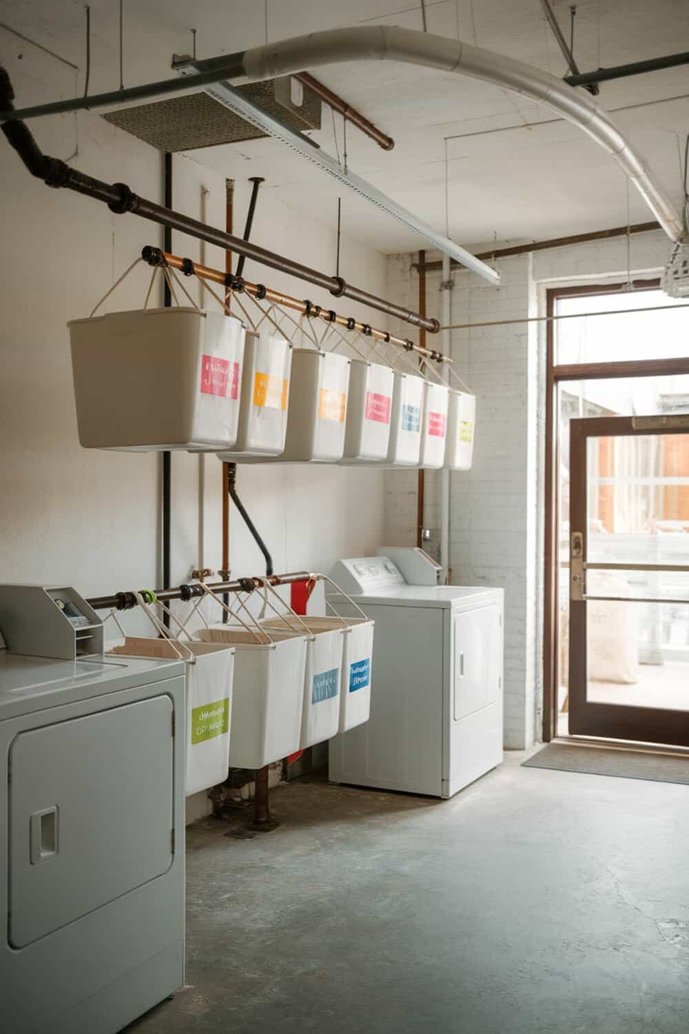 A laundry room with hanging totes organized on a rod, labeled for sorting clothes.