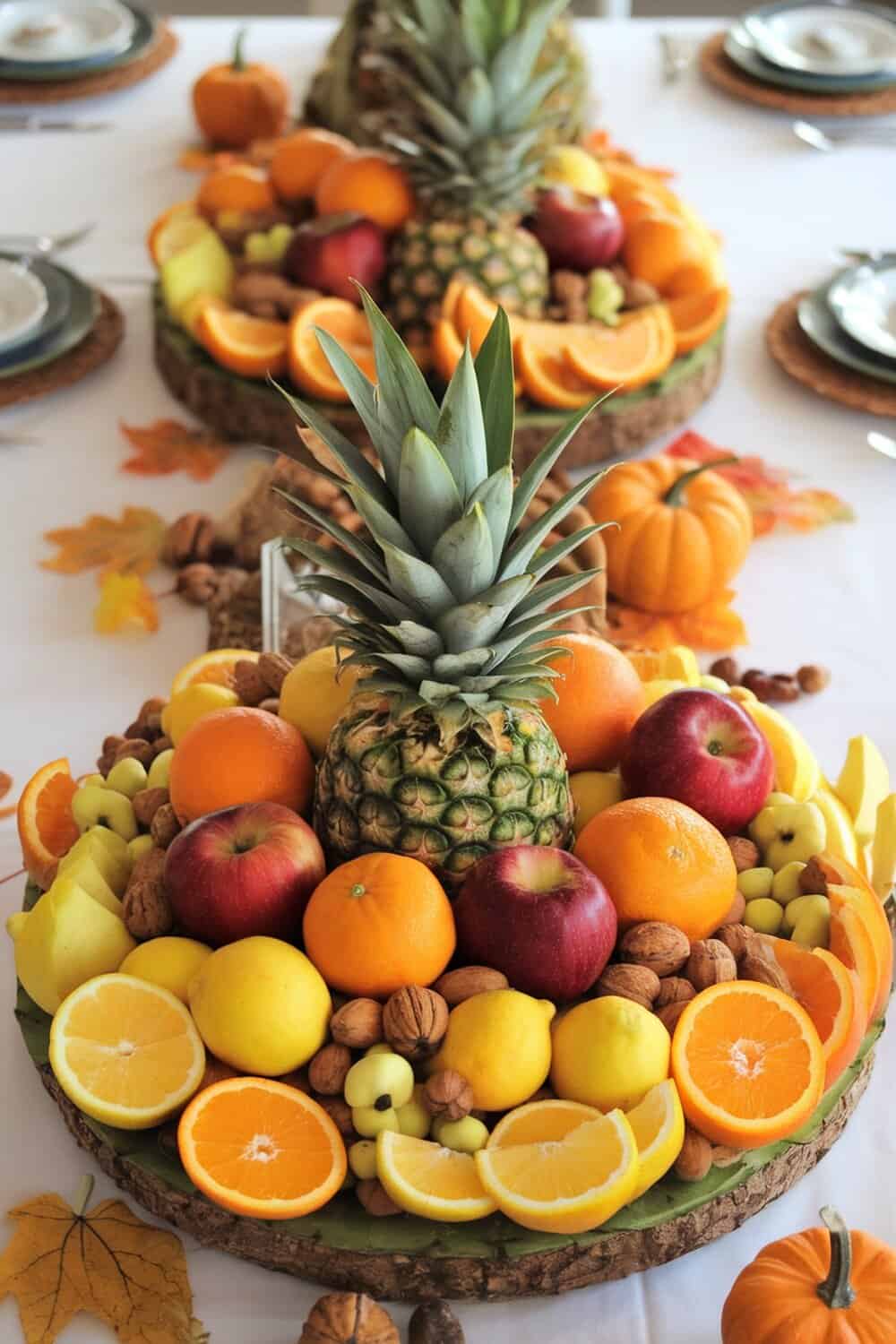 A vibrant centerpiece made of assorted fruits and nuts, including pineapples, oranges, and apples, arranged on a wooden platter.