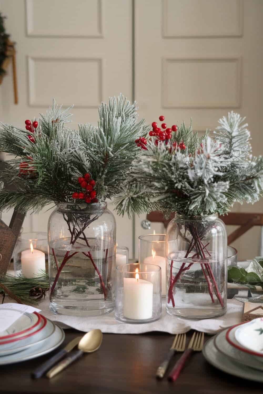 Two vases filled with frosted pine and red berries, surrounded by candles on a table.