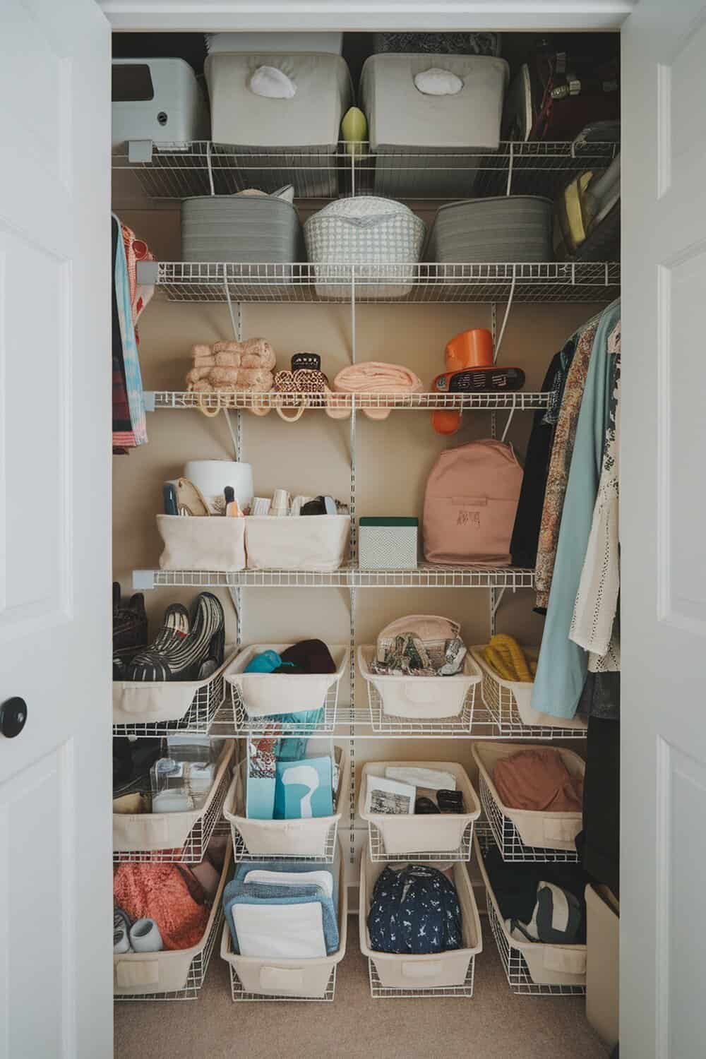 A well-organized closet featuring under-shelf baskets filled with various items.