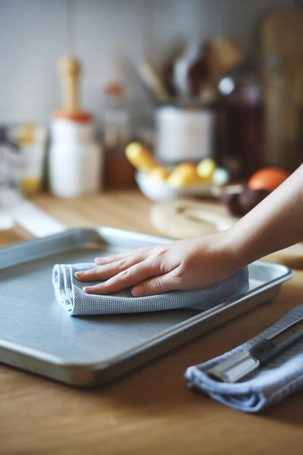 A hand wiping a clean cookie sheet with a cloth on a kitchen countertop.