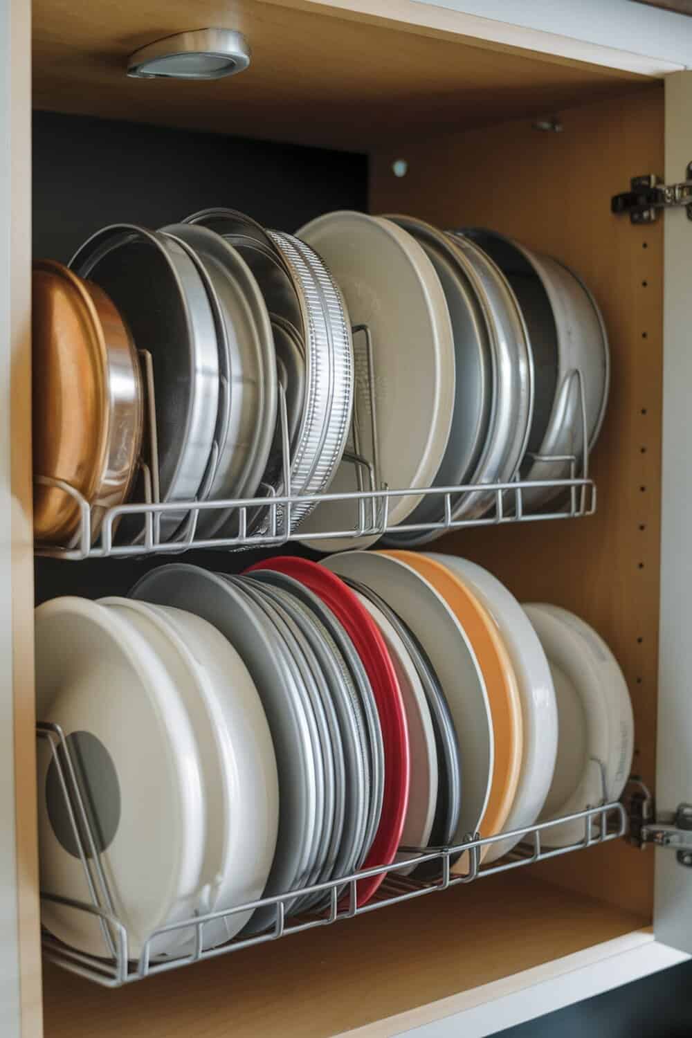 A neatly organized pot lid holder with various lids in a kitchen cabinet.