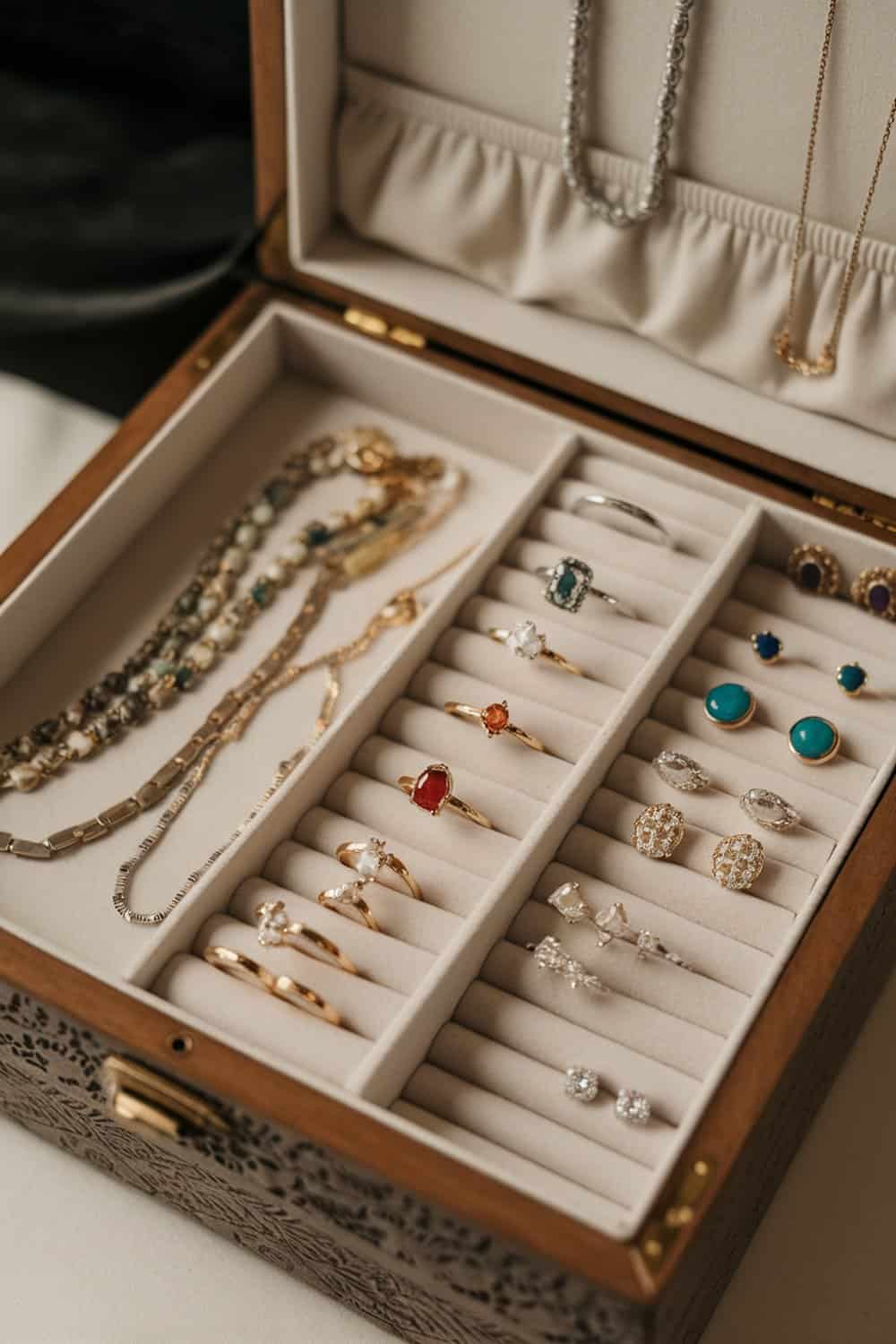 A neatly organized jewelry box displaying various rings, earrings, and necklaces.