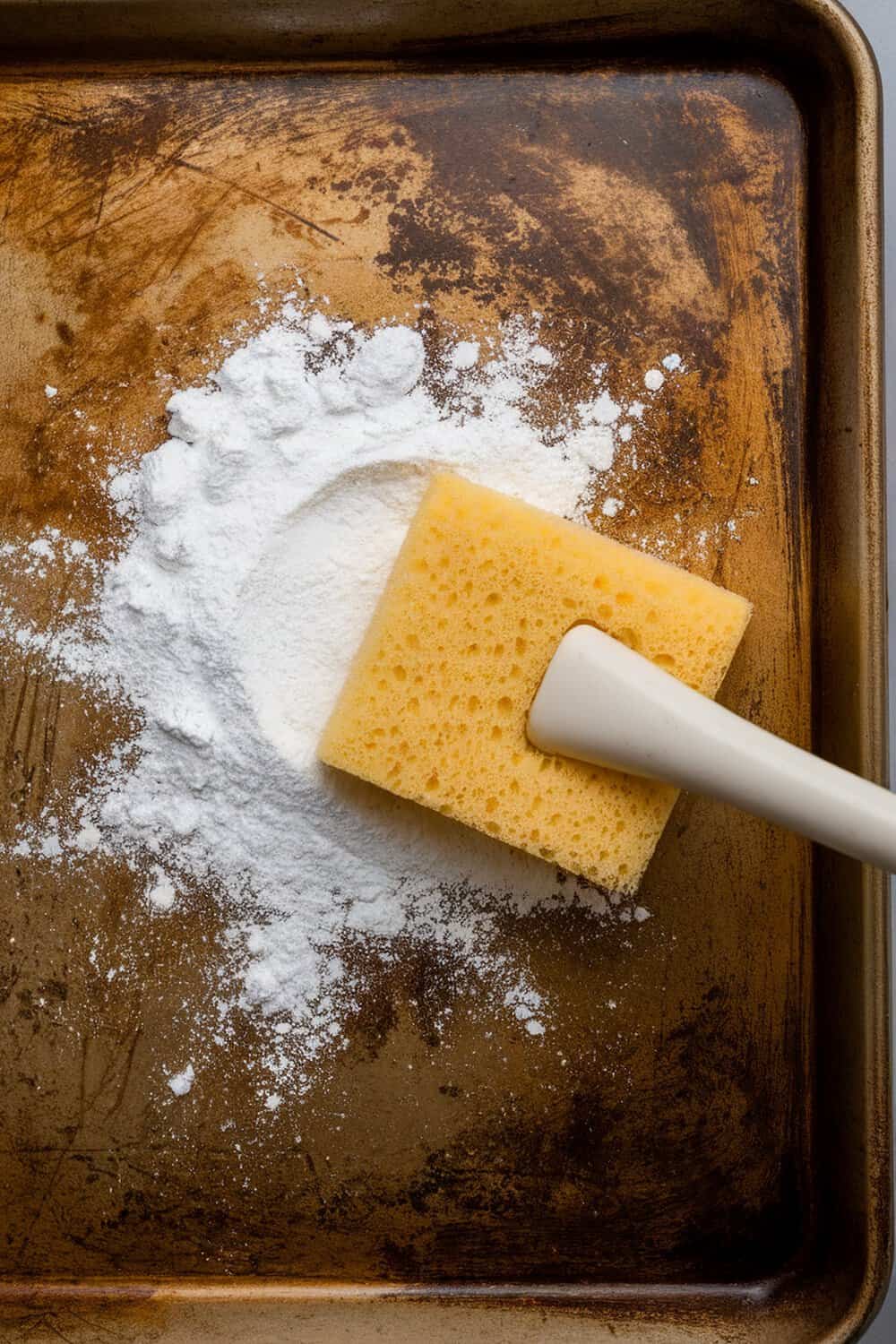 A sponge applying baking powder on a stained cookie sheet.